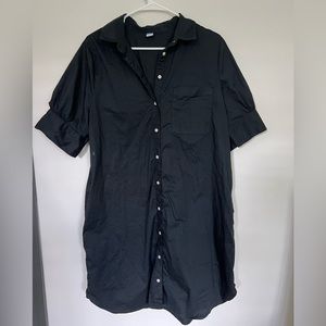 Button Down Shirt Dress - Black  - short sleeve